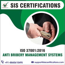 an advertisement for sis certifications shows a man handing another man money