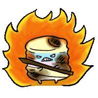 a cartoon drawing of a marshmallow holding a stick in front of a flaming background