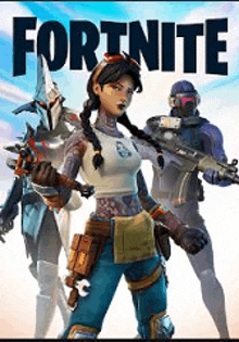 a poster for a video game called fortnite with a woman holding a gun and a man holding a gun .