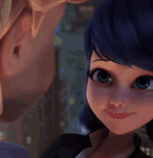 a close up of a cartoon character with blue hair smiling at a man .