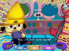 a cartoon character says " aaa i 'm not sure myself " in a game