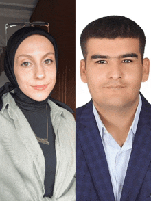 a woman in a hijab and a man in a suit are posing for a photo