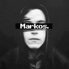 a black and white painting of a man with the name markos on his face