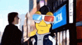 a cartoon character wearing a pair of 3d glasses is standing on a city street .