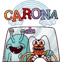 a cartoon of a bug driving a car with the word carona above