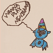 a drawing of a monkey with a party hat says wanna play minigames