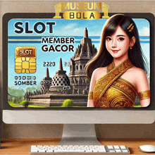 a computer monitor displays a slot game with a woman on the screen