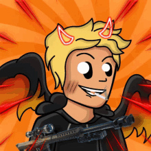 a cartoon of a man with devil horns holding a rifle