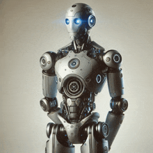 a robot with blue eyes is standing with its hands on its knees