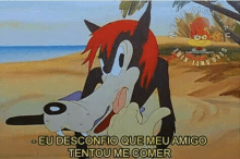 a cartoon wolf with red hair is standing on a beach and talking to a person .