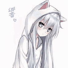 a girl with long white hair and cat ears is wearing a white hoodie .