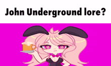 a girl with bunny ears is holding a cup of coffee on a pink background with the caption " john underground lore "