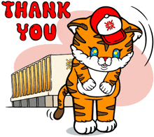 a cartoon tiger wearing a red hat is saying thank you