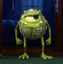 mike wazowski from monsters inc stands in a doorway