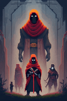 a pixel art illustration of a group of people with hoods