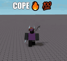 a cartoon character with a purple shirt and black pants is standing in front of a sign that says cope and 100