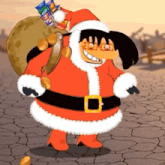 a cartoon character is dressed as santa claus and carrying a bag of candy