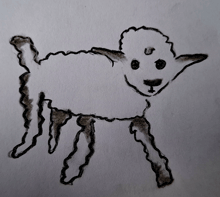 a black and white drawing of a sheep with the letter t on its head