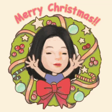 a cartoon of a woman in a christmas wreath with the words merry christmas !