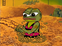 a cartoon frog is standing in a pile of gold