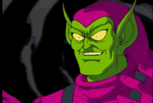 a green and purple cartoon character with yellow eyes and fangs