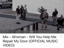 a group of men are standing in front of a building with the words " will you help me repair my door " on the bottom