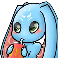 a cartoon of a blue rabbit drinking from a red cup with a mcdonald 's logo on it