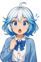 a girl with blue hair and a blue bow tie looks surprised