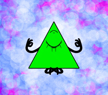 a green triangle with arms and legs on a blue and pink background