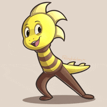 a drawing of a yellow and brown cartoon character with the name falling waters on the bottom