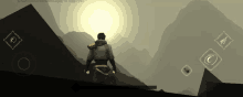 a screenshot of a video game shows a man standing on a mountain