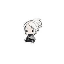 a chibi drawing of a girl with white hair sitting down .