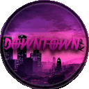 a purple circle with the word downtown in the middle