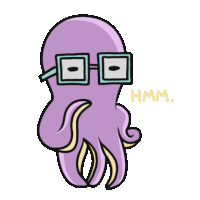 a cartoon octopus wearing glasses and the word hmm on the bottom