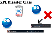 a blue ball with a sad face is next to a trash can that says explicit on it