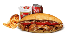 a sandwich with french fries and a can of cola