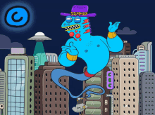 a cartoon drawing of a genie in a city with a blue circle with the letter c on it