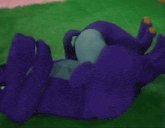 a purple stuffed animal with yellow paws is laying on its back