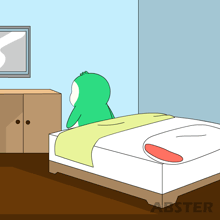 a cartoon of a frog sitting on a bed with the word abster on the bottom right