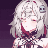a pixel art drawing of a girl with a skull on her head