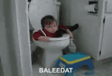 a baby is sitting on a toilet with the words baleedat written above him