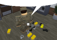 a soldier in a video game has a speech bubble above his head that says " e "