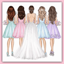 a drawing of a bride and her bridesmaids shows the backs of their dresses