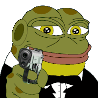 a frog wearing a tuxedo and bow tie is pointing a gun