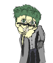 a drawing of a person with green hair and a black face