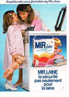 an advertisement for mir laine shows a woman washing a doll