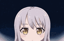 a close up of a cute anime girl with gray hair and yellow eyes looking at the camera .