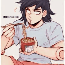 a young man is eating noodles with chopsticks from a bowl .