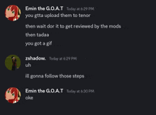 a screenshot of a discord conversation between emin the goat and zshadow