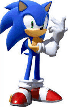 sonic the hedgehog from the video game sonic the hedgehog is standing on a white background and giving the middle finger .